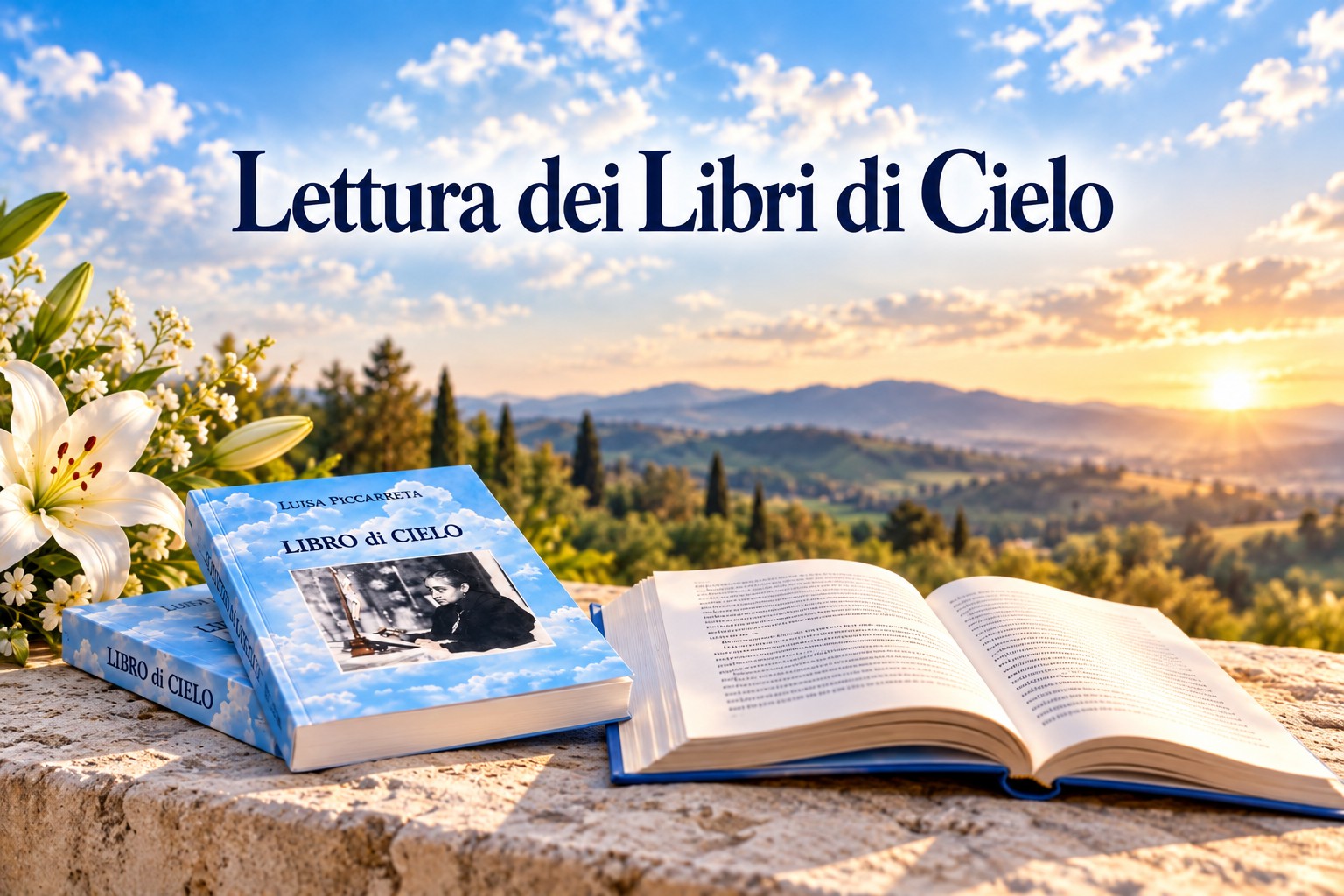 Libri di Cielo di Luisa Piccarreta, con un volume aperto e un paesaggio luminoso