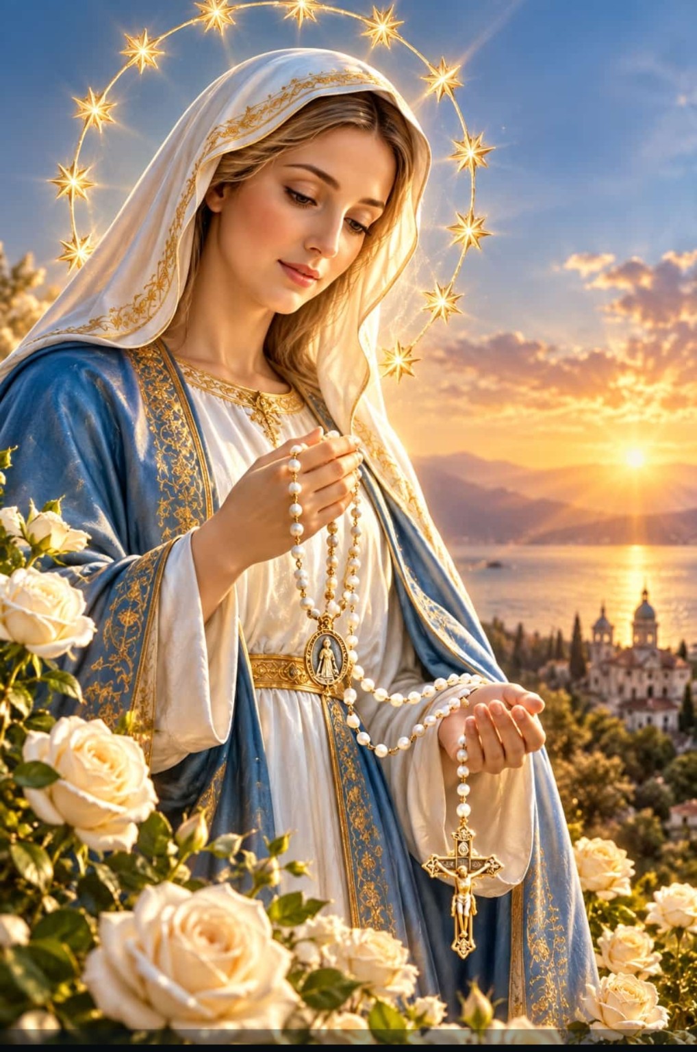 Maria con il Rosario, circondata da rose bianche e una corona di stelle