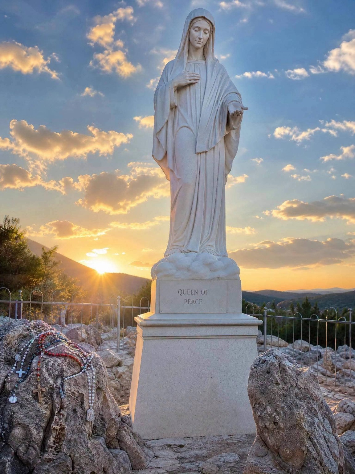 Statua della Regina della Pace a Medjugorje al tramonto